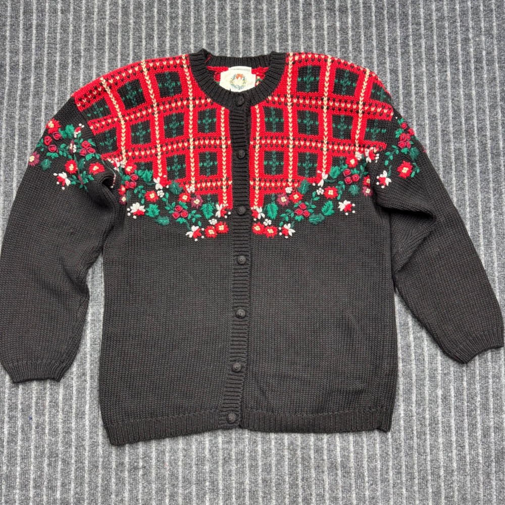 Christopher & Banks Womens Cardigan Sweater Large Black Red Plaid Floral Holiday
